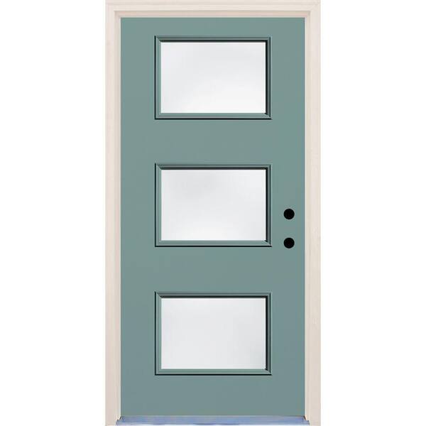 Builders Choice 36 in. x 80 in. Surf Left-Hand 3 Lite Clear Glass Painted Fiberglass Blue Prehung Front Door with Brickmould