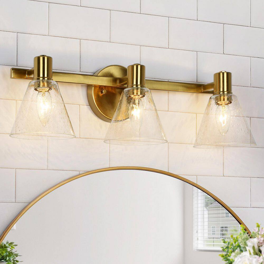 Modern 21.5 in. W 3-Light Plated Natural Brass Vanity Light with Bell Clear Glass Shade and No Bulb Included price history on PriceWatchPro