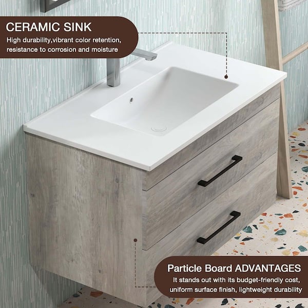 32 in. Wall Mounted Single Sink Gray Bath Vanity with White Ceramic Top (Self Assembly Needed)