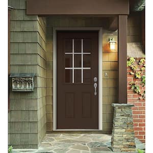 30 in. x 80 in. 9 Lite Dark Chocolate Painted Steel Prehung Left-Hand Inswing Entry Door w/Brickmould
