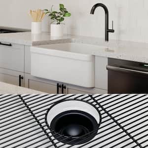 Luxury White Solid Fireclay 26 in. Single Bowl Farmhouse Apron Kitchen Sink with Matte Black Accs and Belted Front