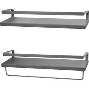 16.75 in. W x 5.5 in. D Grey Wood Decorative Wall Shelf, Wall Shelves with Towel Bar, Set of 2