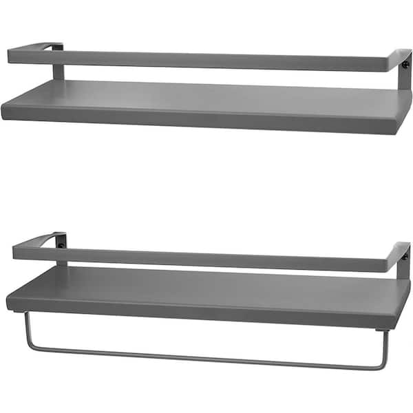 Cubilan 16.75 in. W x 5.5 in. D Grey Wood Decorative Wall Shelf, Wall Shelves with Towel Bar, Set of 2