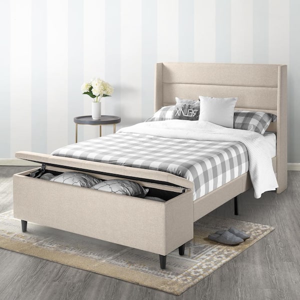 best price mattress Peekaboo Beige Queen Upholstered Platform Bed with Wingback Headboard and End of Bed Storage Ottoman