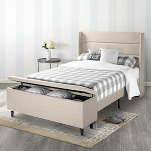 Peekaboo Beige Queen Upholstered Platform Bed with Wingback Headboard and End of Bed Storage Ottoman