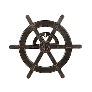 20 in. Antique Bronze Aluminum Wheel Outdoor Hose Holder, Pirate Ship Themed Outdoor Hose Bracket