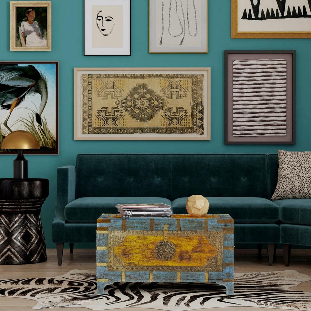 Nador Multicolor Mango Wood and Brass Inlay Storage Trunk Coffee Table