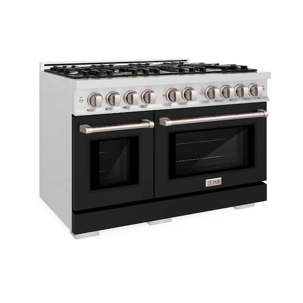 48 in. Select Double Oven Dual Fuel Range with 8 Burner Gas Cooktop in Satin Stainless Steel with Black Matte Doors