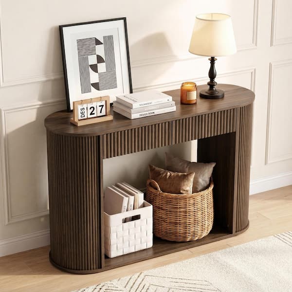 Bruni Walnut 47 in. BOHO Rectangle Wood Console Table with Fluted Design, 2 Drawers, Open Shelf, Floor-Standing Entryway