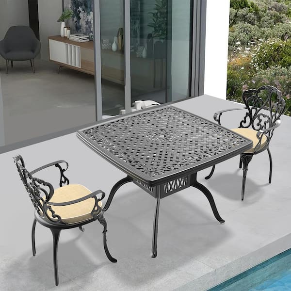Willit Lily Black 3-Piece Cast Aluminum Outdoor Dining Set with Square Table and Dining Chairs with Random Color Cushion