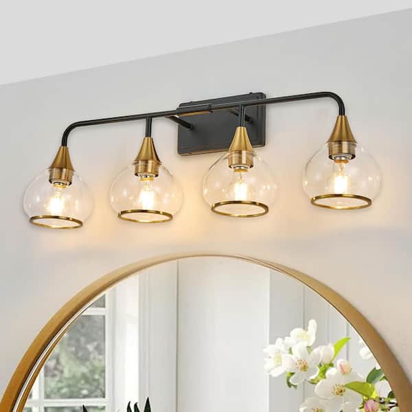 GMGSROM 31 in. 4-Light Matte Black and Gold Modern Vanity Light with Clear Glass Shade
