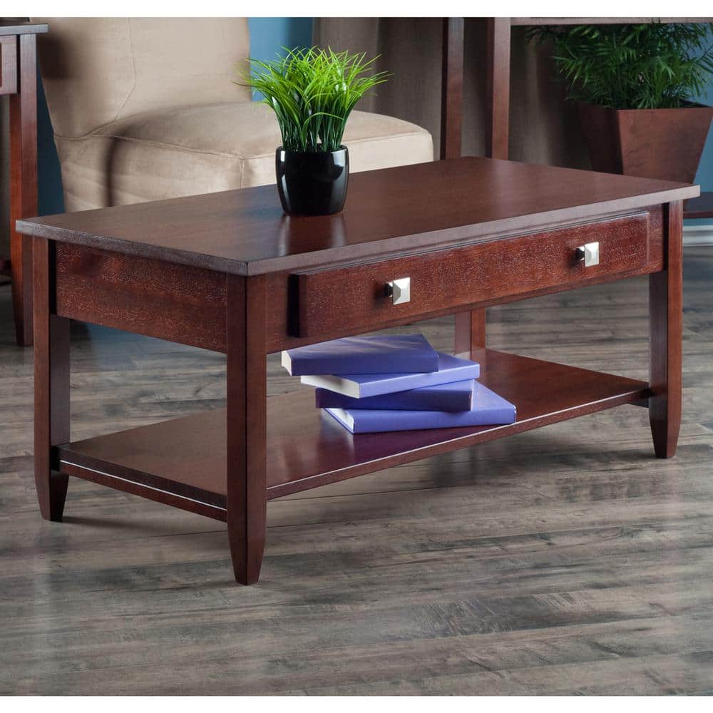 Walnut Rectangular Coffee Table with Drawer and Shelf