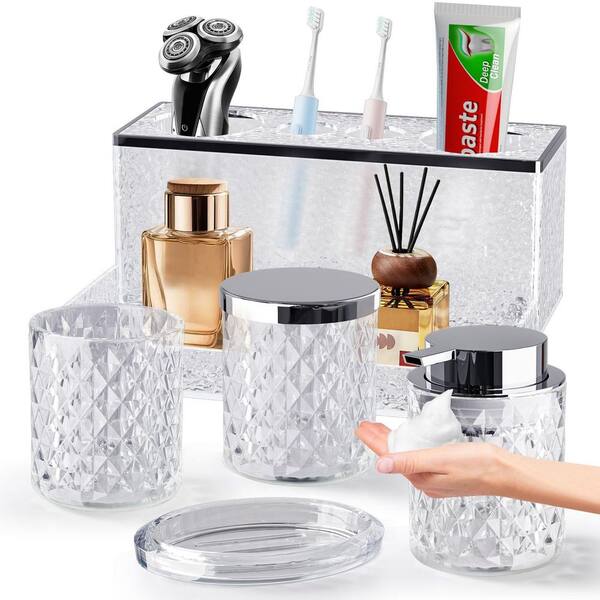 5-Piece Glass Bathroom Accessories Set in Clear, Foaming Soap Dispenser, Soap Dish, Cup and Toothbrush Holder