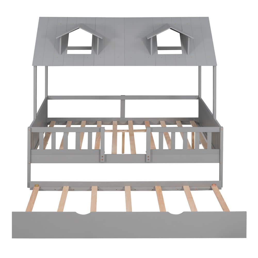 URTR Gray Full Size House Bed Wood Bed with Twin Size Trundle, Full Bed Frame with Roof and Fence for Kids - 3