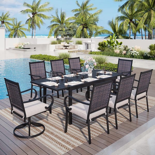 PHI VILLA Black 9-Piece Metal Patio Outdoor Dining Set with Extendable Table and Rattan Arm Chairs with Beige Cushion