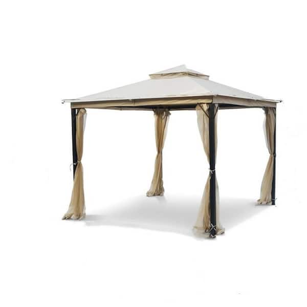 Unbranded 10 ft. x 10 ft. Metal Gazebo Heavy Duty Double Roof Canopy, Galvanized Steel Outdoor Tent with Mosquito Net Curtain