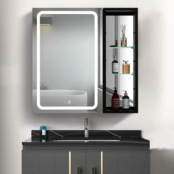 JimsMaison 30 in. W x 30 in. H Large Rectangular Silver Aluminum Surface Mount Medicine Cabinet with Mirror and LED Light
