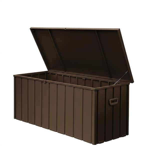 190 Gallon Brown Metal Lockable and Waterproof Deck Box for Pillows, Cushions, Tools and Backyard