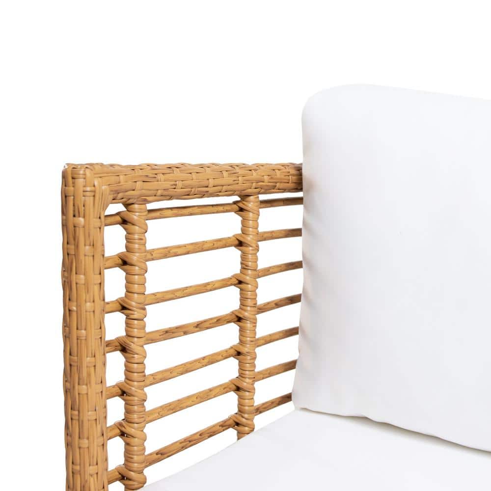 Light Brown Wicker Outdoor Club Chair with White Cushions, Set of 2