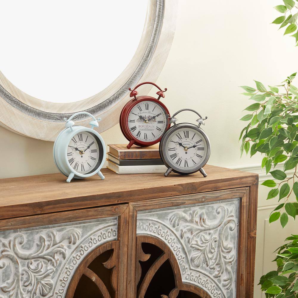 Multi-Colored Vintage Metal Round Tabletop Clocks Set of 3