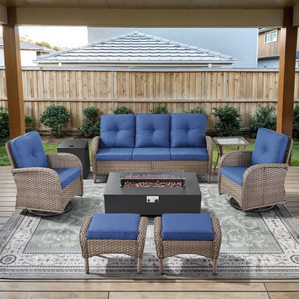 Gray 7-Piece Wicker Patio Fire Pit Set, Outdoor Sofa Seating Set with Olefin Navy Blue Cushions and Swivel Gliders price history on PriceWatchPro