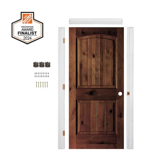 DIY 32 in. x 80 in. Alder Left-Hand Red Mahogany Stain V-Groove Wood Single Interior Door Kit w/ Quick Assemble Jamb
