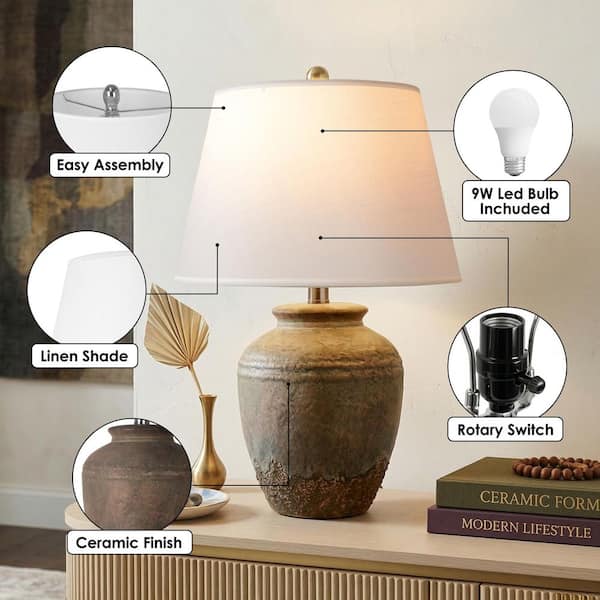 ROTTOGOON 22 in. Rustic Terracotta Ceramic Table Lamp with Linen