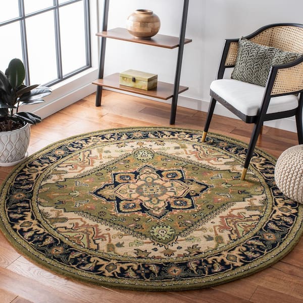 Heritage Green/Light Brown 8 ft. x 8 ft. Border Floral Medallion Round Area Rug