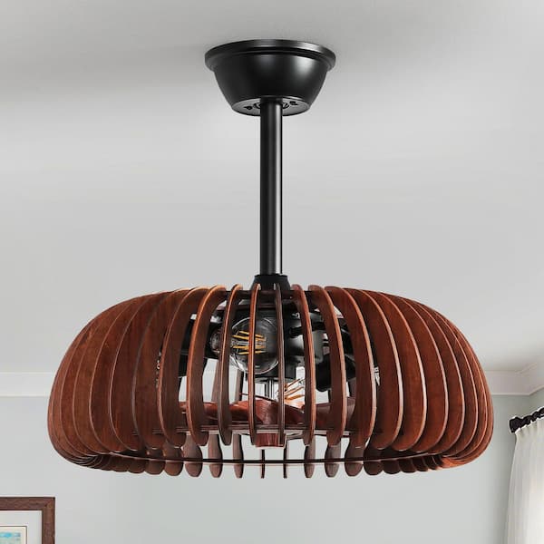 12 in. Indoor Brown Low Profile Wooden Farmhouse Cage Ceiling Fan With Light And Remote Control 6-Speed Reversible Motor