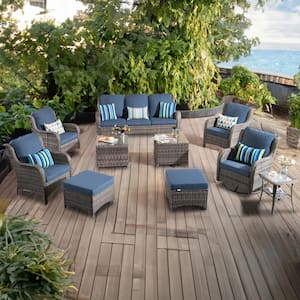 Moonlight Gray 10-Piece Wicker Patio Conversation Seating Sofa Set with Denim Blue Cushions and Swivel Rocking Chairs