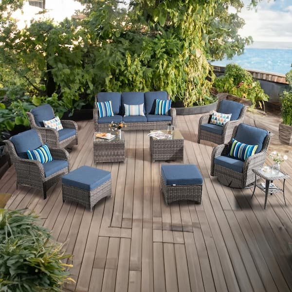 XIZZI Moonlight Gray 10-Piece Wicker Patio Conversation Seating Sofa Set with Denim Blue Cushions and Swivel Rocking Chairs
