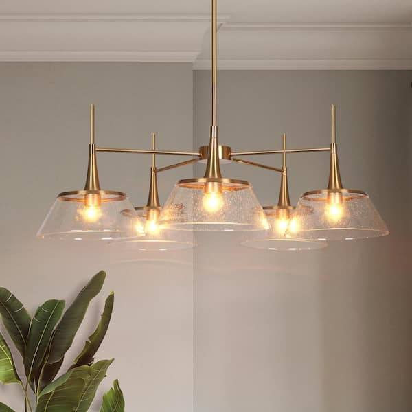 LNC Modern Large Plated Brass Dining Room Chandelier Lighting 5-Light Kitchen Pendant with Drum Clear Seedy Glass Shades