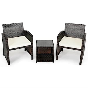 3-Pieces PE Rattan Wicker Outdoor Patio Conversation Set With Coffee Table And Off White Cushions