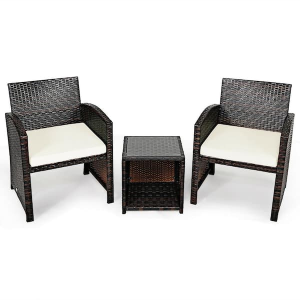 Unbranded 3-Pieces PE Rattan Wicker Outdoor Patio Conversation Set With Coffee Table And Off White Cushions