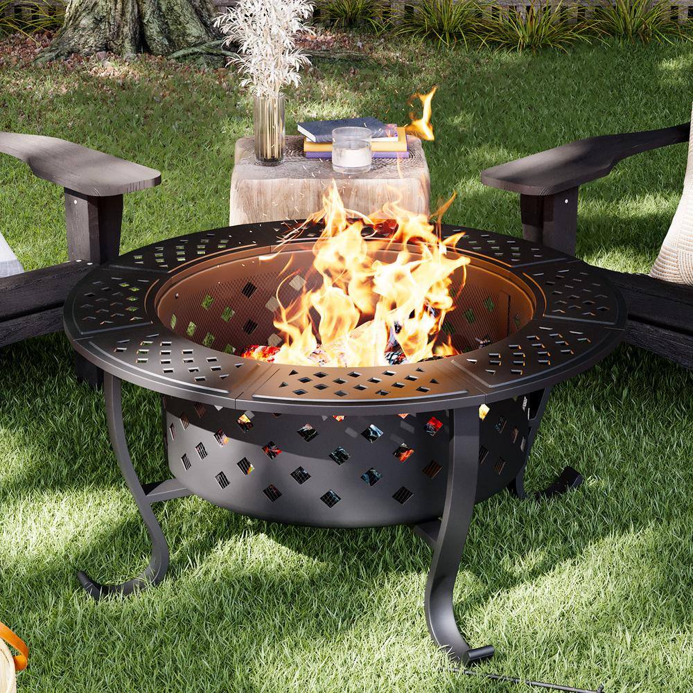 28" Black Round Wood Burning Fire Pit with Double Grill
