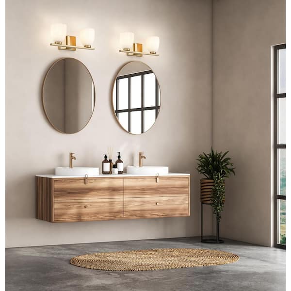Naya 16 in. 2 Light Modern Gold Vanity Light with Matte Opal Glass Shade