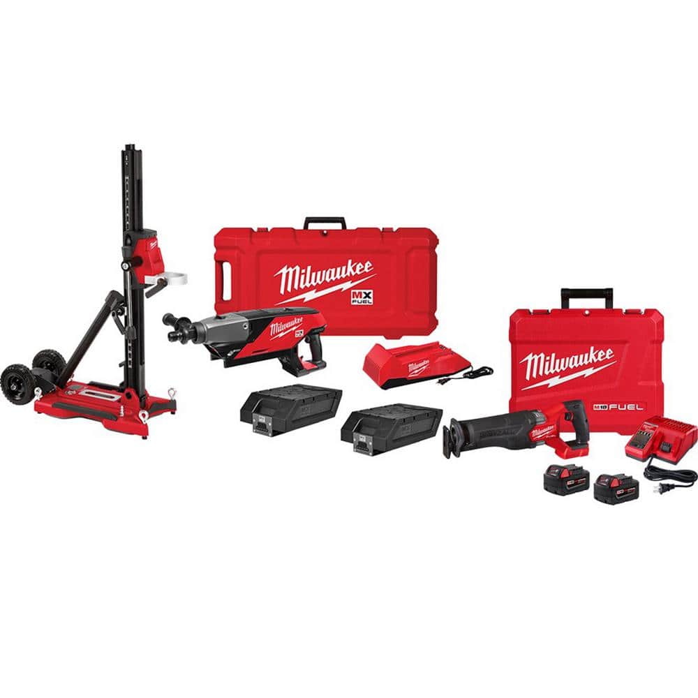 Milwaukee MX FUEL Lithium-Ion Cordless Handheld Core Drill Kit w/Stand & M18 FUEL Brushless Cordless SAWZALL Reciprocating Saw Kit