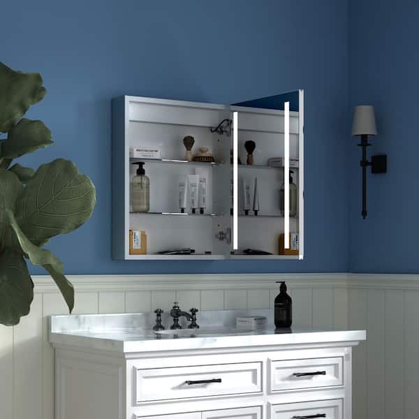 20 in. W x 26 in. H Rectangular Silver Aluminum Recessed/Surface Mount Right Medicine Cabinet with Mirror and LED Light