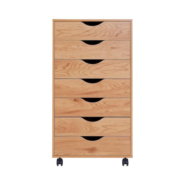 HOMESTOCK Natural Wood 7-Drawer 18.9 in. W Vertical Storage Dresser with Wheels Makeup Dresser File Cabinet