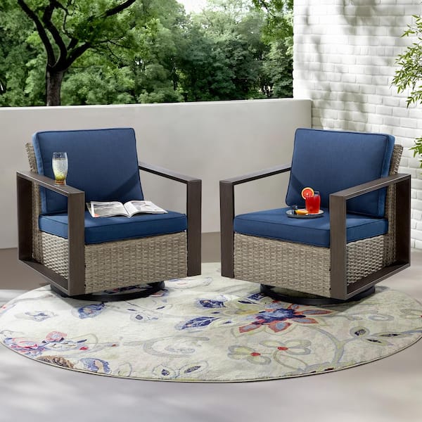 JOYSIDE 2-Piece Patio Wicker Outdoor Rocking Chair with Metal Frame and Dark Blue Cushions