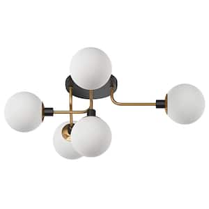 Modern 22.24 in. 5-Lights Globe Flush Mount Black and Gold Ceiling Light with Frosted White Glass