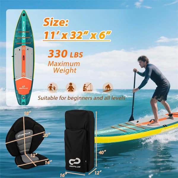11 ft. Inflatable Stand Up Paddle Board for Adults with Kayak Seat Leash Hand Pump, Turquoise
