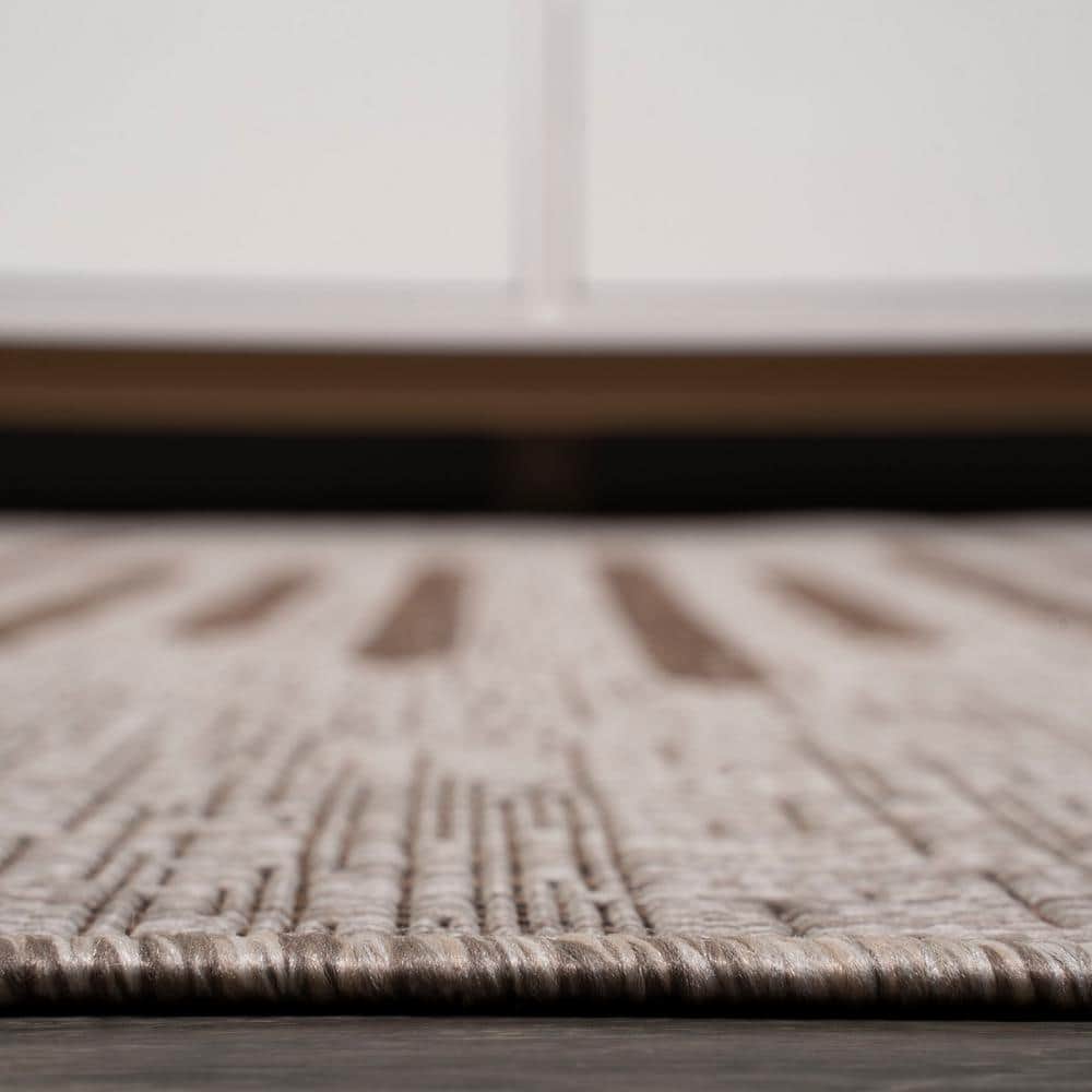 Beige and Brown Stripe Synthetic Indoor/Outdoor Area Rug