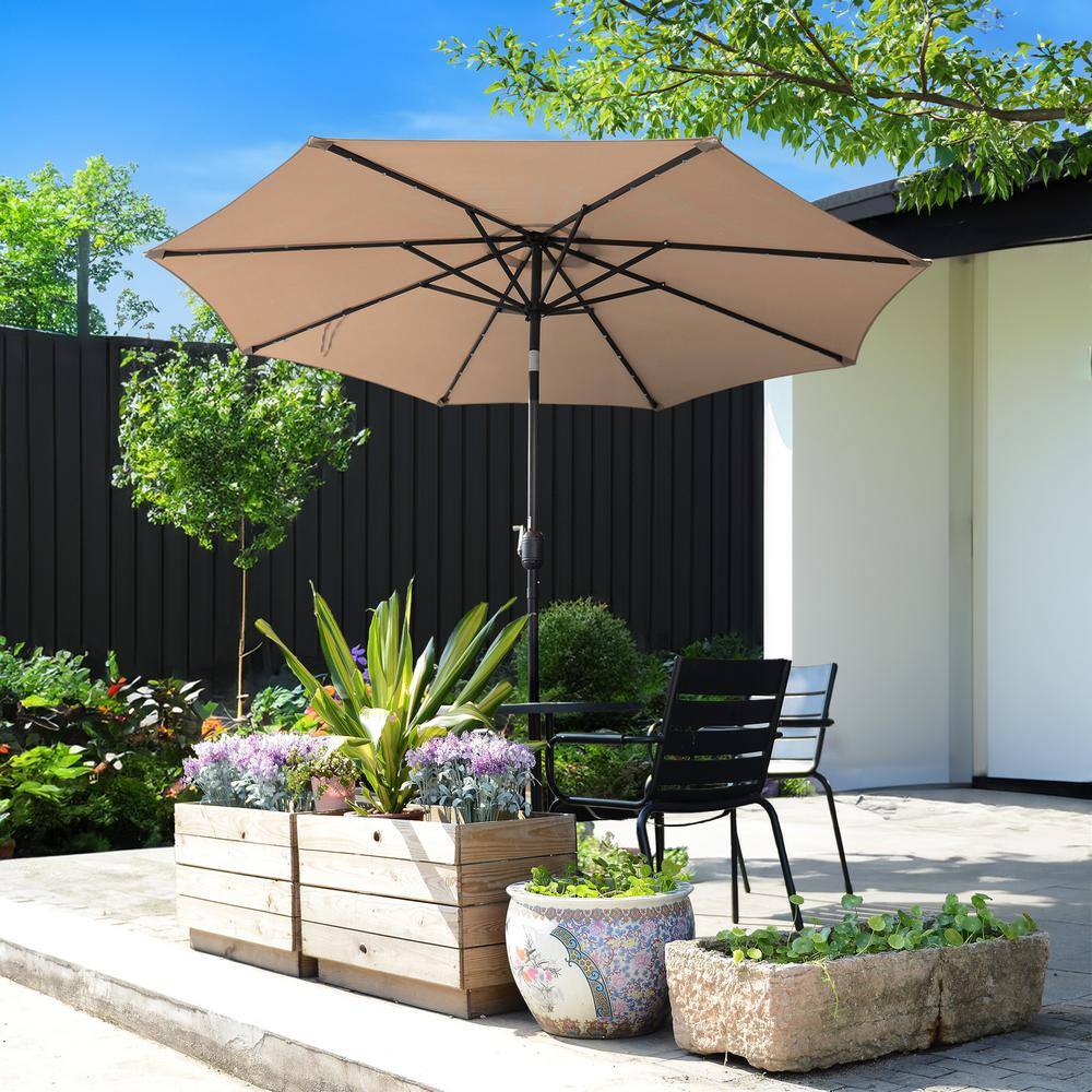 Beige 9-Foot Octagon Patio Umbrella with LED Lights and Steel Pole
