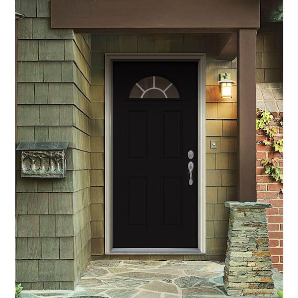 32 in. x 80 in. Fan Lite Black Painted Steel Prehung Left-Hand Inswing Front Door w/Brickmould