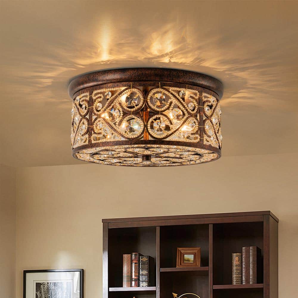 HUOKU Iridescent 13.8 in. W 4-Light Antique Copper Glam Flush Mount Ceiling Light with Beaded Crystal Drum Shade, image size:1000x1000