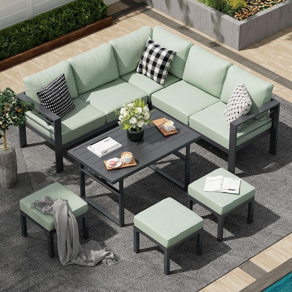 7 Pieces Aluminum Patio Furniture Set, Modern Metal Outdoor Patio Conversation Sets with Coffee Table in Green