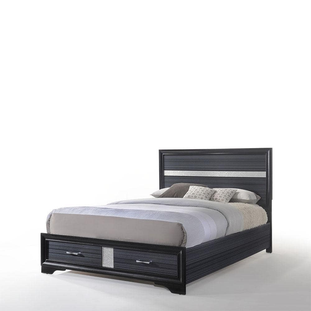 Black Queen Upholstered Bed with Storage Drawers and Slats