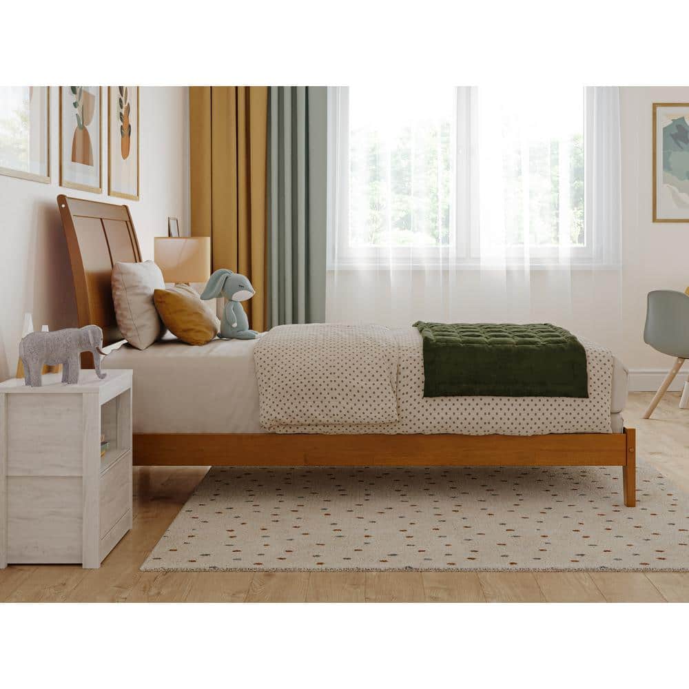 Portland Light Toffee Twin Wood Platform Bed with Upholstered Headboard