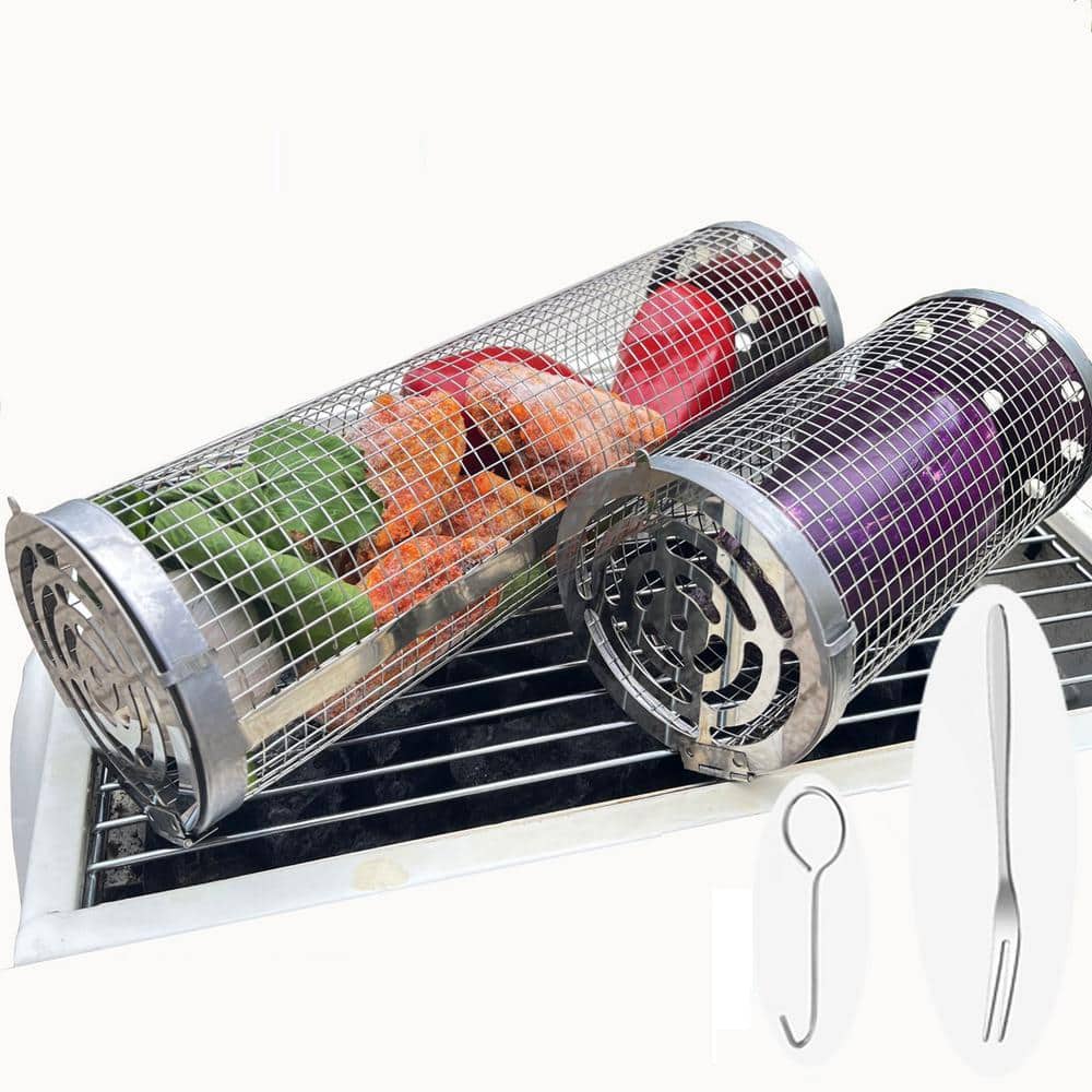 Daioloes BBQ Net Tube 2 Pack, Rolling Grilling Basket 12 Inch, Non-Stick  Barbecue Basket Rotisserie with Removable Mesh Cover, Grill Tool with 2 Bbq